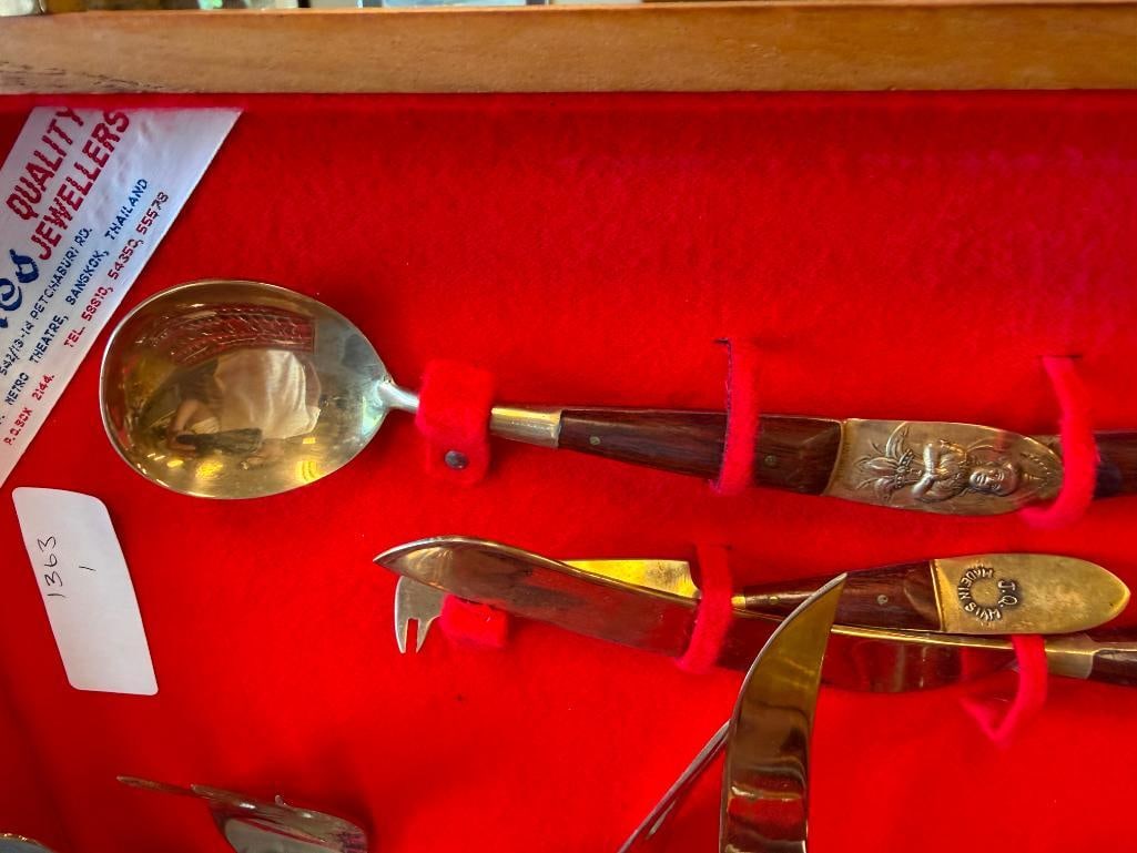 THAI SIAM BRONZE AND TEAK FLATWARE SET 12 PIECE SETTING FOR 12 WITH SERVING UTENSILS J.Q. HALLMARK - 4