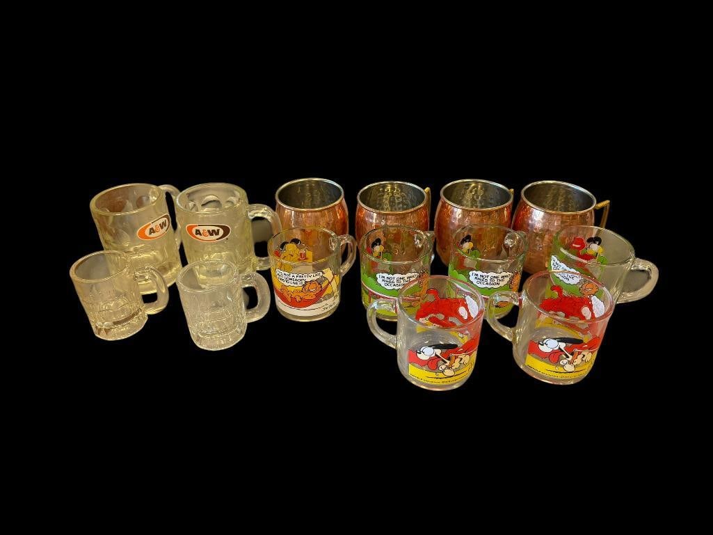 ASSORTED DRINKING GLASSES COPPER MULE MUGS, JIM DAVIS GARFIELD GLASSES AND A&W MUGS (1 of 17)