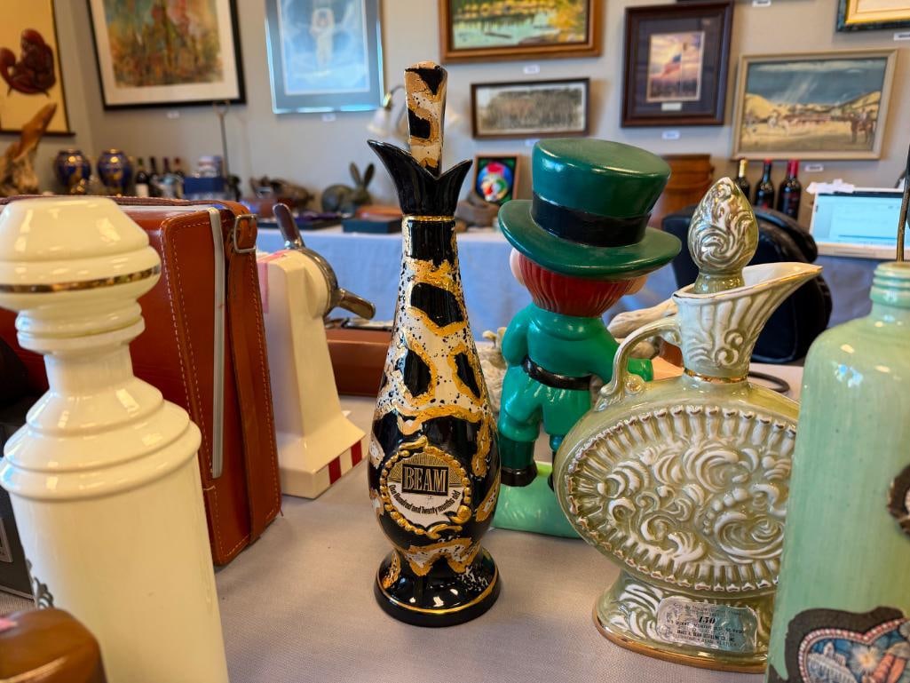EIGHT GLASS, CHINA AND POTERY DECANTERS FROM REGAL CHINA, USA BOURBON, BEAMEISTER, ETC - 18
