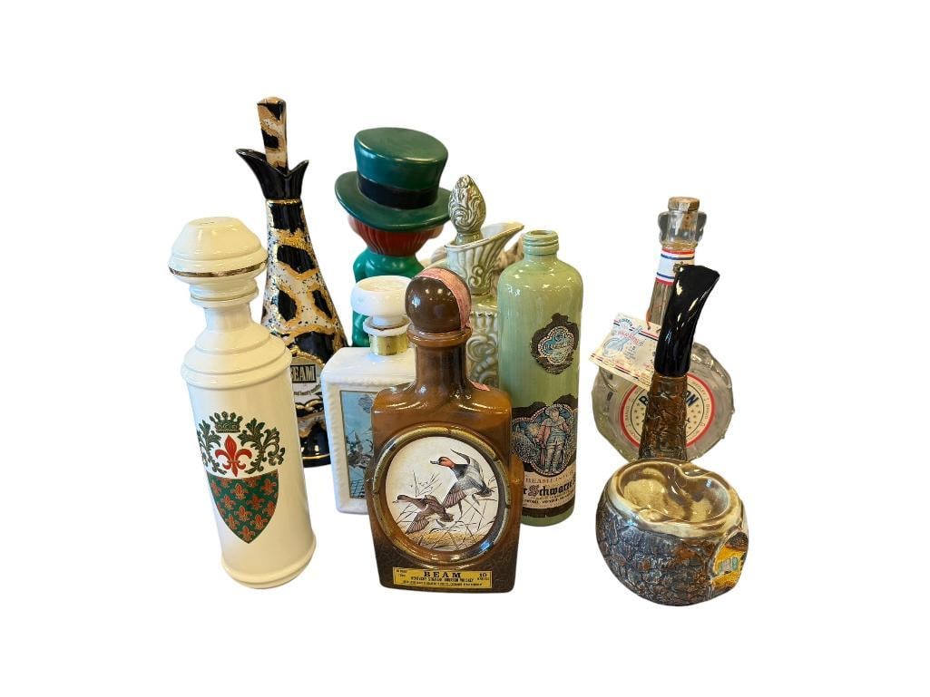 EIGHT GLASS, CHINA AND POTERY DECANTERS FROM REGAL CHINA, USA BOURBON, BEAMEISTER, ETC (1 of 20)
