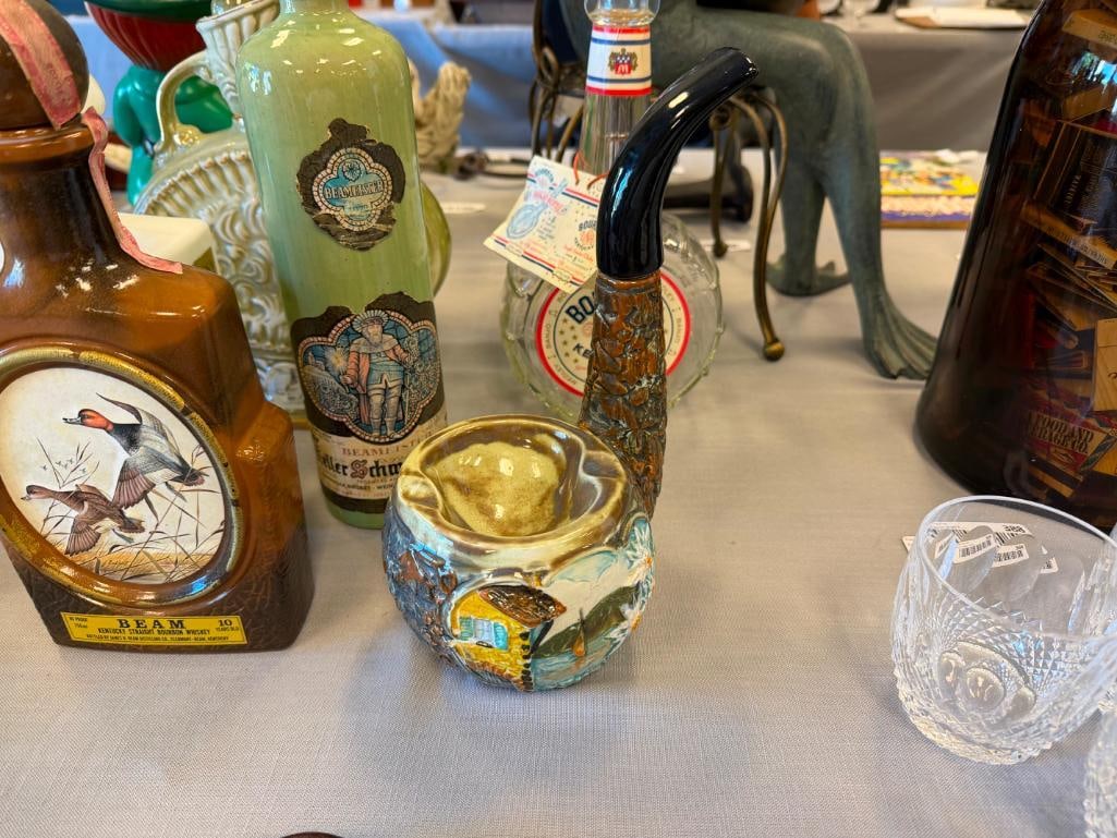 EIGHT GLASS, CHINA AND POTERY DECANTERS FROM REGAL CHINA, USA BOURBON, BEAMEISTER, ETC - 7