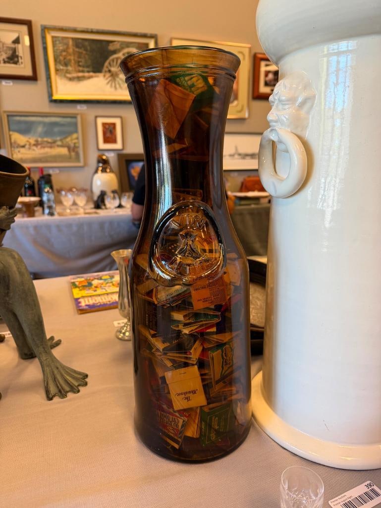 VIN LITRE EMBOSSED BROWN GLASS BOTTLE FILLED WITH MANY MATCHBOOKS - 2