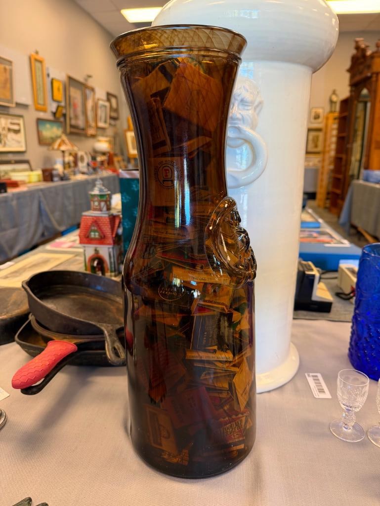 VIN LITRE EMBOSSED BROWN GLASS BOTTLE FILLED WITH MANY MATCHBOOKS - 4