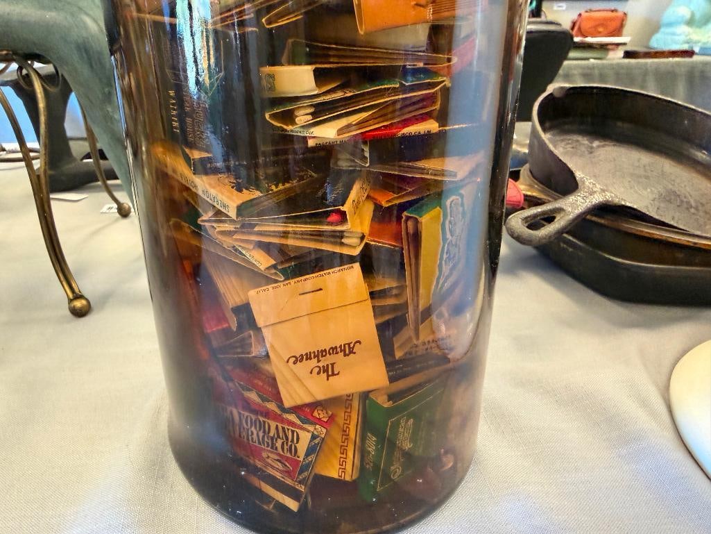 VIN LITRE EMBOSSED BROWN GLASS BOTTLE FILLED WITH MANY MATCHBOOKS - 7