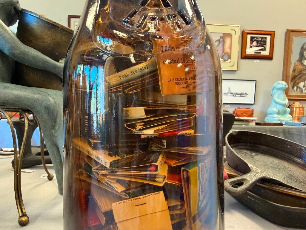VIN LITRE EMBOSSED BROWN GLASS BOTTLE FILLED WITH MANY MATCHBOOKS - 8