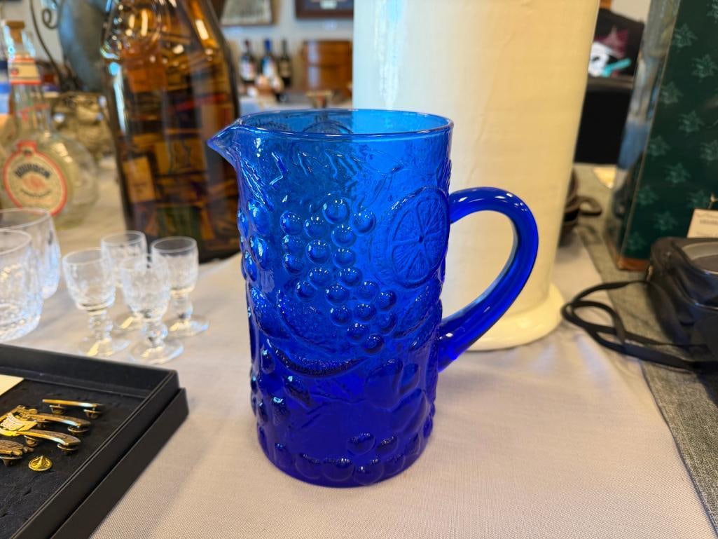 COBALT GLASS FRUIT RELIEF PITCHER - 2