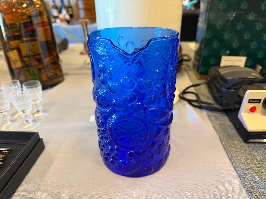 COBALT GLASS FRUIT RELIEF PITCHER - 4