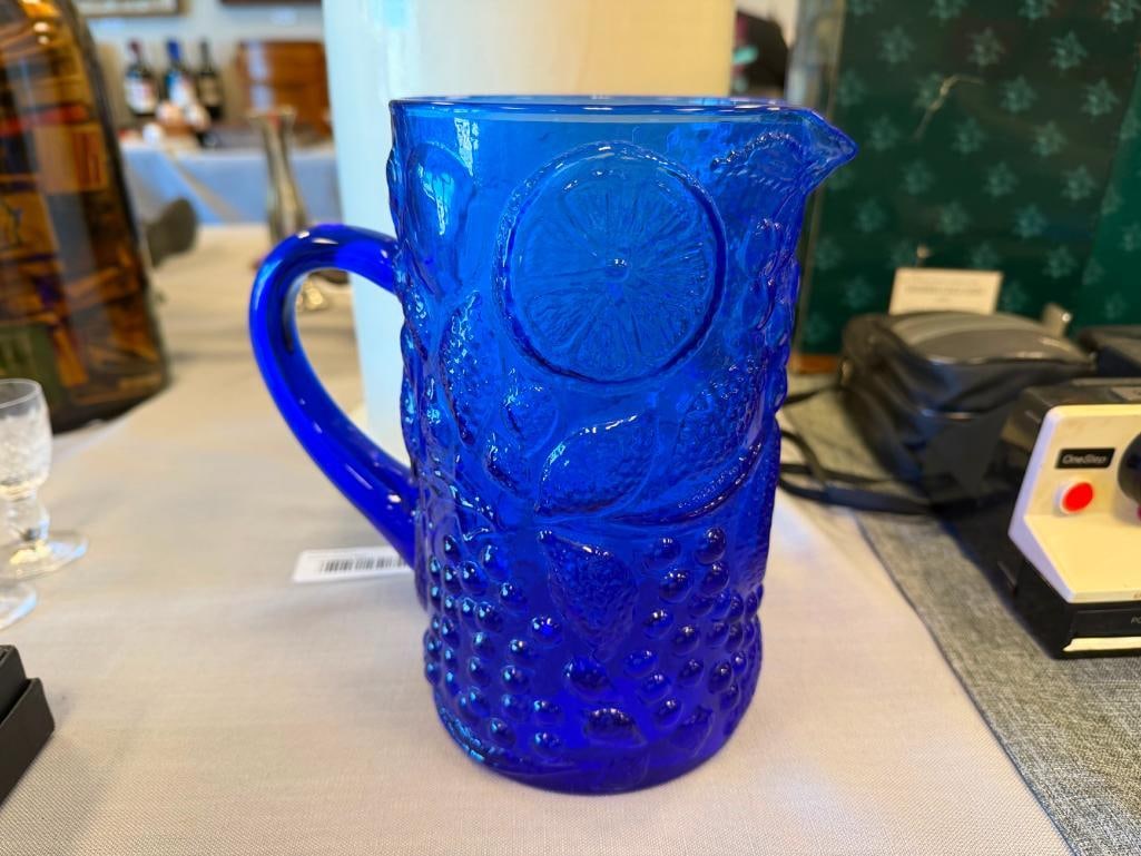 COBALT GLASS FRUIT RELIEF PITCHER - 5