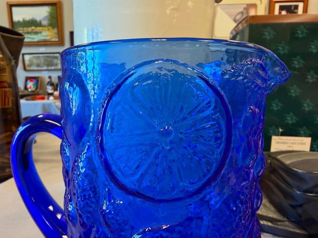 COBALT GLASS FRUIT RELIEF PITCHER - 6