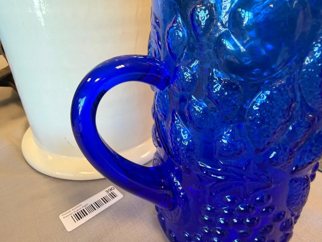COBALT GLASS FRUIT RELIEF PITCHER - 7