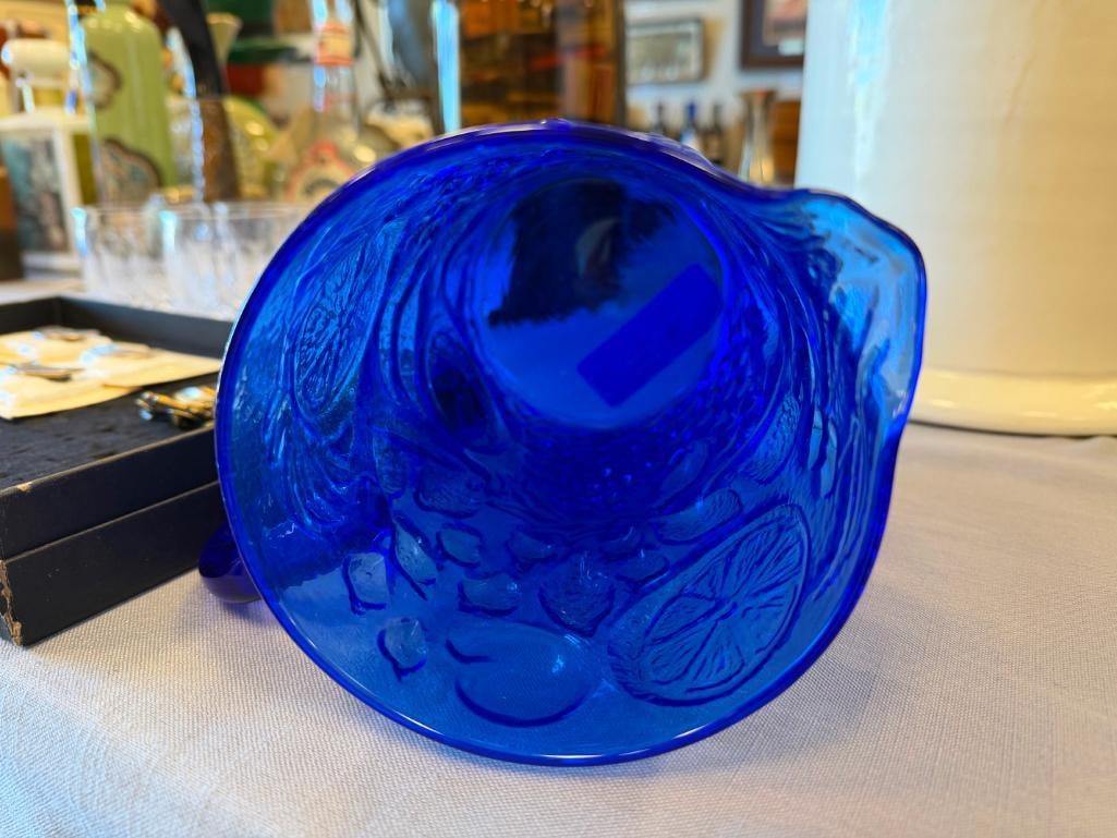 COBALT GLASS FRUIT RELIEF PITCHER - 8