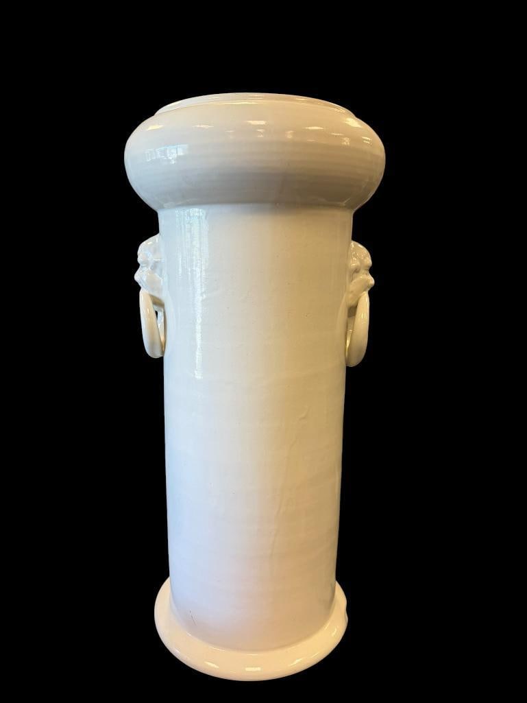 TALL TERRACOTA WHITE GLAZED FLOOR VASE WITH DEMON HEAD RING HANDLES: 22" H