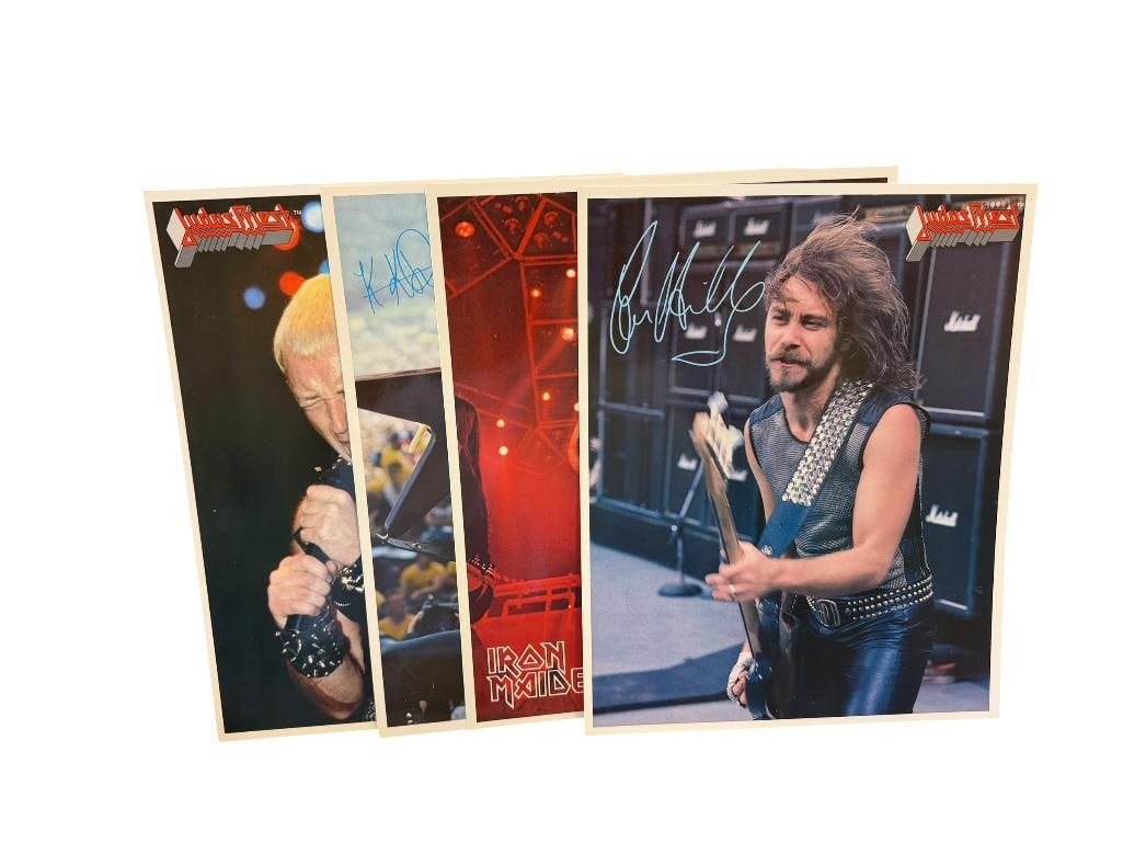 JUDAS PRIEST AND IRON MAIDEN ROCK GROUP PHOTO-PRINT CARDS WITH FAUX SIGNATURES: STEVE HARRIS, ROB HALFORD, K.K. DOWNING, IAN HILL 8" X 10"