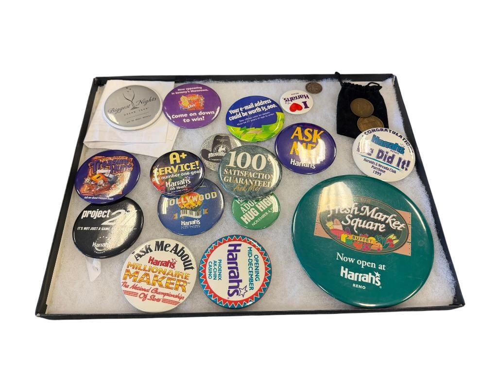 HARRAH'S HOTEL / CASINO BUTTONS: VARIOUS SIZE BUTTONS, 16 TOTAL 1 5/8" UP TO 5 1/2" ROUND