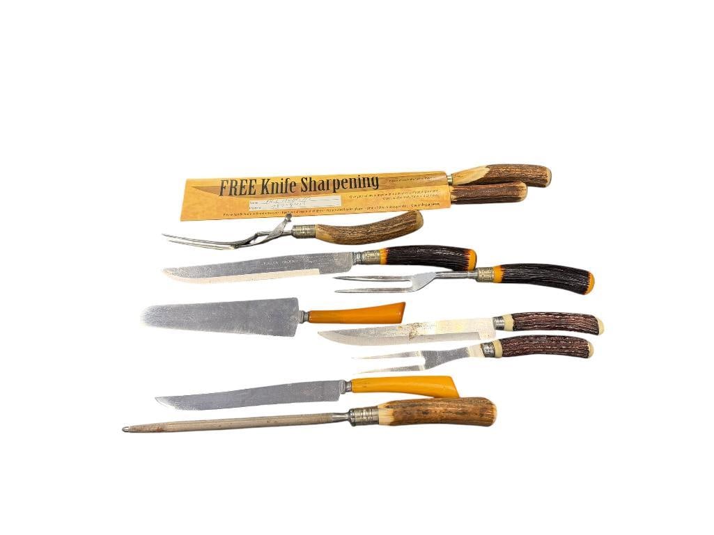 CLEAN CUT, REGENT SHEFFIELD, BURNS MFG. STAG HANDLED AND BAKELITE CARVINGS SET AND UTENSILS (1 of 20)