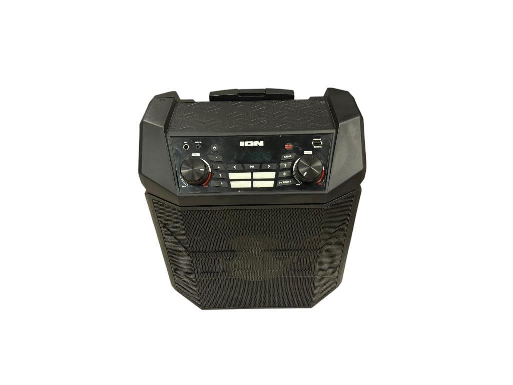 ION AUDIO PARTY BOOM FX iPA101A BLUETOOTH PORTABLE SPEAKER: HAS WHEELS AND HANDLE FOR EASY MOBILITY, INCLUDES POWER CORD, TESTED +, 8" SUBWOOFER AND 3" TWEETER, BUILT-IN 50 HOUR RECHARGEABLE BATTERY 