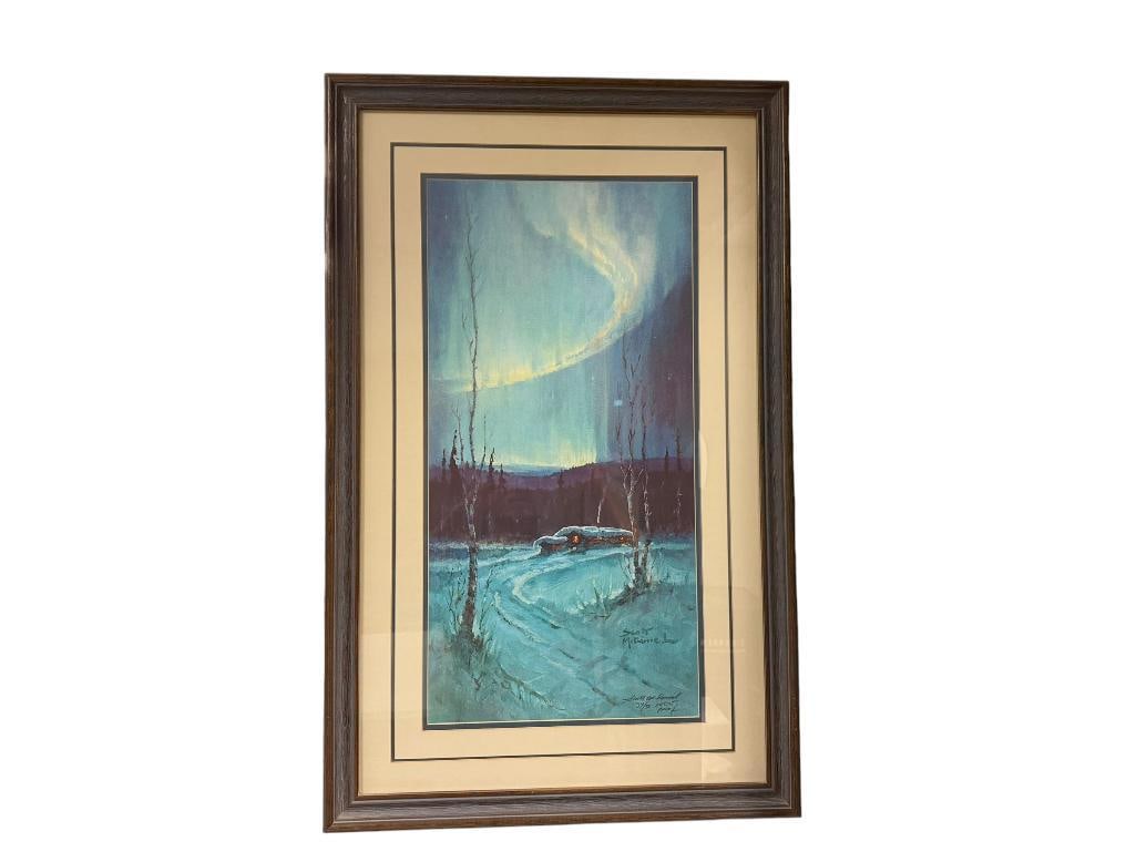 SCOTT MCDANIEL " AURORA RUN " OF NORTHERN LIGHTS IN ALASKA SIGNED AND NUMBERED ARTIST PROOF PRINT: DEPICTS NORTHERN LIGHTS ABOVE A CABIN IN ALASKA, SIGNED IN LOWER RIGHT AND NUMBERED 37/50 ARTIST PROOF, FRAMED AND DOUBLE MATTED 20" X 32" FRAME