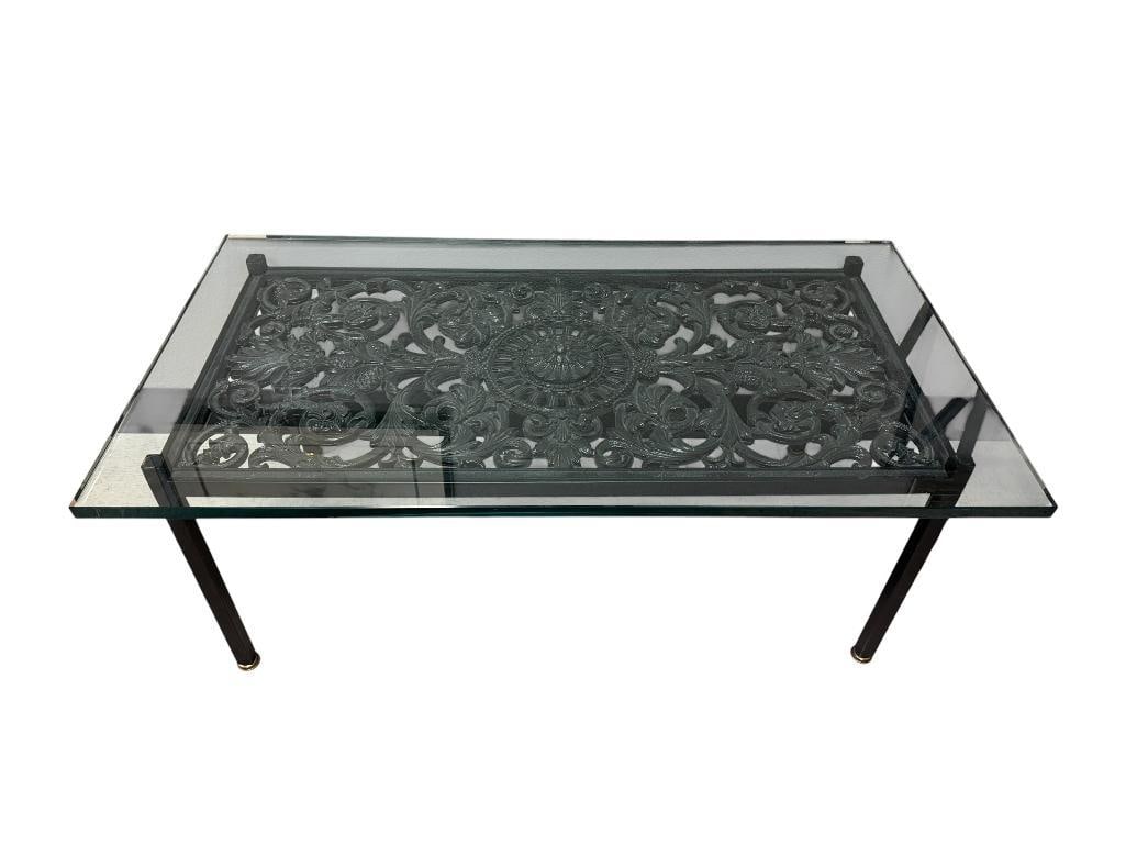 HEAVY ART DECO CAST IRON FLORAL DESIGN GLASS TOP COCKTAIL COFFEE TABLE (1 of 8)