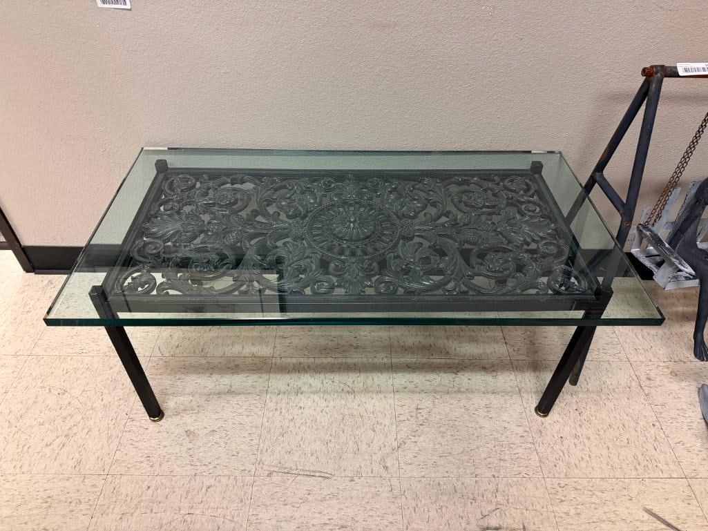 HEAVY ART DECO CAST IRON FLORAL DESIGN GLASS TOP COCKTAIL COFFEE TABLE - 2