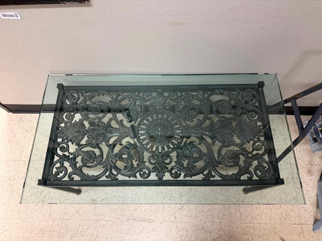 HEAVY ART DECO CAST IRON FLORAL DESIGN GLASS TOP COCKTAIL COFFEE TABLE - 3