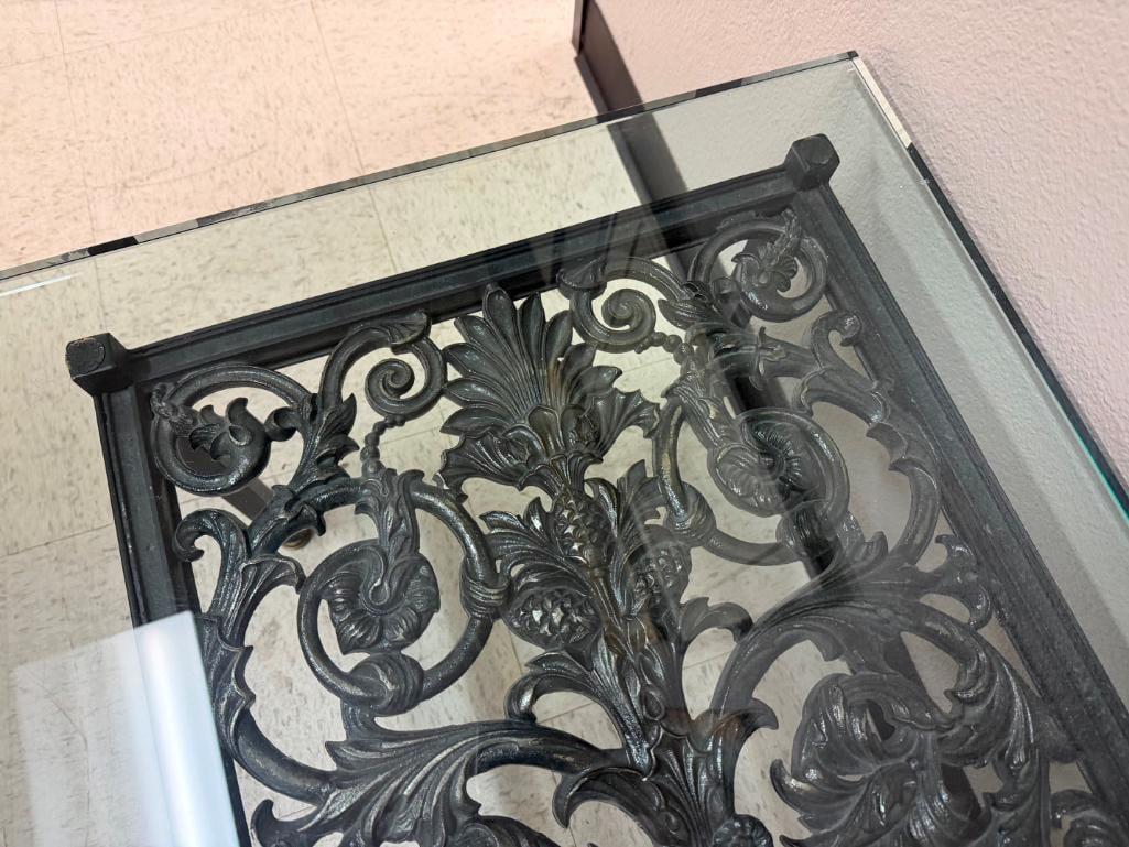 HEAVY ART DECO CAST IRON FLORAL DESIGN GLASS TOP COCKTAIL COFFEE TABLE - 4