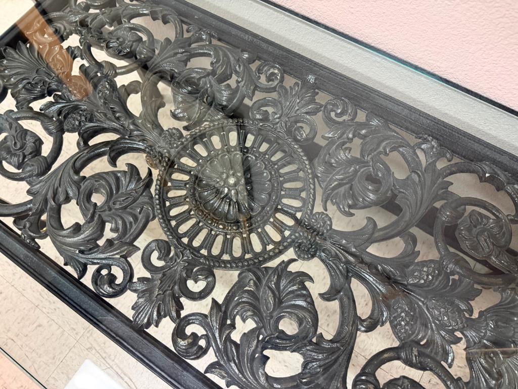 HEAVY ART DECO CAST IRON FLORAL DESIGN GLASS TOP COCKTAIL COFFEE TABLE - 5