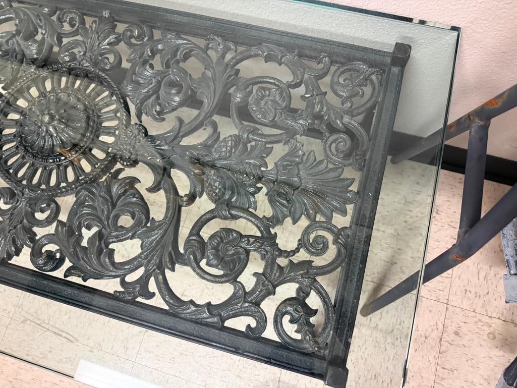 HEAVY ART DECO CAST IRON FLORAL DESIGN GLASS TOP COCKTAIL COFFEE TABLE - 6