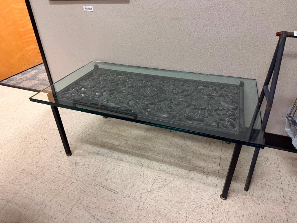HEAVY ART DECO CAST IRON FLORAL DESIGN GLASS TOP COCKTAIL COFFEE TABLE - 7
