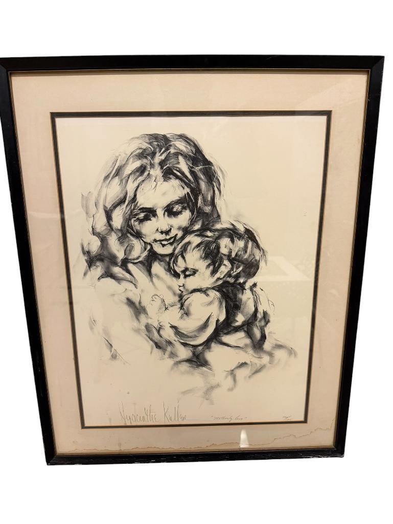 HYACINTHE KULLER BARON SIGNED AND NUMEBRED PRINT " MOTHERLY LOVE ": NUMBERED 122/125, SOME WATER DAMAGE TO MATTING AT BASE OF PICTURE FRAME, CIRCA 1960'S-70'S, FRAMED AND DOUBLE MATTED 22" X 27" FRAME
