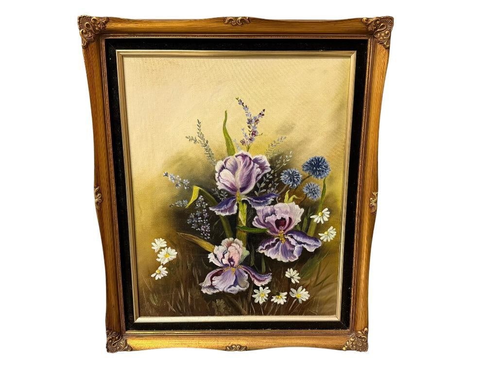 ORIGINAL OIL ON CANVAS PAINTING OF PURPLE IRISES: BELIEVED TO BE BY LOCAL RENO, NEVADA ARTIST "LONA", GILT FRAMED, NO SIGNATURE VISIBLE 20" X 24" FRAME