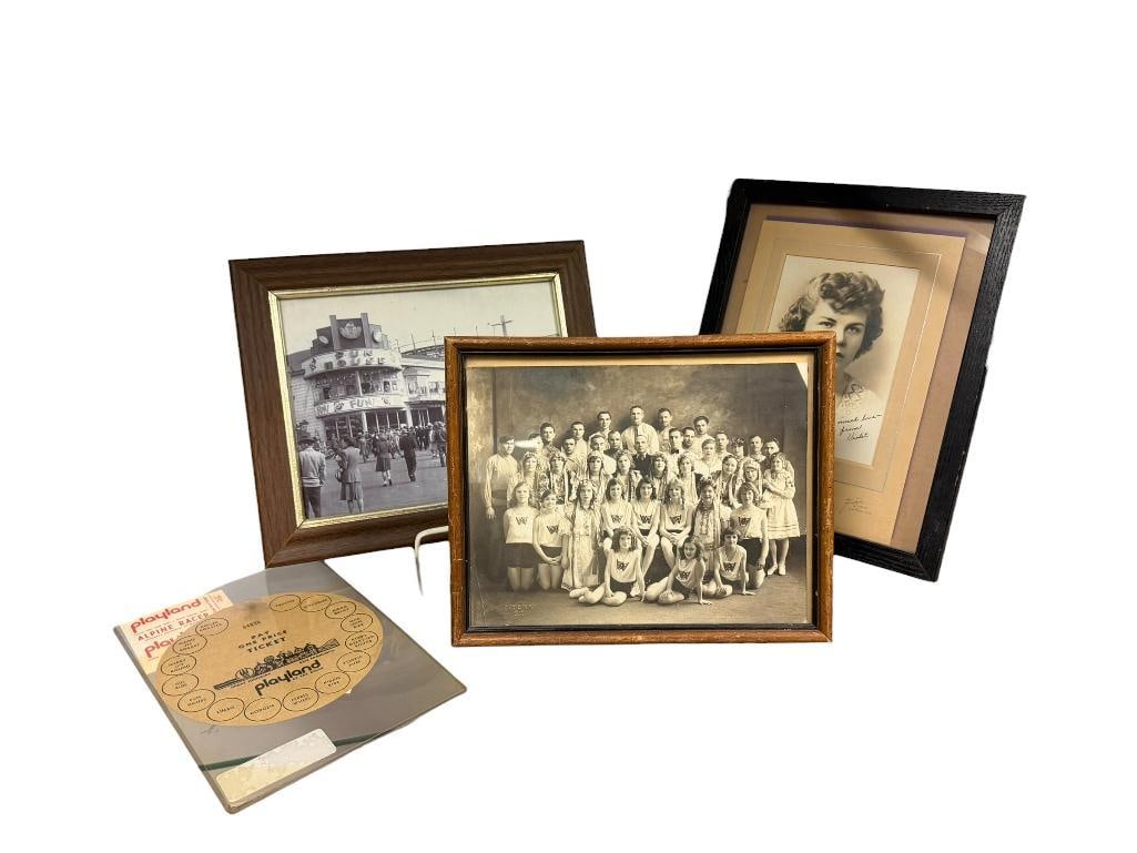COLLECTION OF ANTIQUE BLACK AND WHITE PHOTOGRAPHS AND PLAYLAND AT THE BEACH SAN FRANCISCO TICKETS: ALSO INCLUDES EARLY 1900'S SCHOOL PHOTO MARKED MYERS S.P. IN LOWER BOTTOM LEFT, BELIEVED TO BE SOUTH PORTLAND, MAINE, IN OAK FRAME, CREASE IN LOWER LEFT, AS WELL AS A PHOTOGRAPH OF WOMAN SIGNED "WITH 