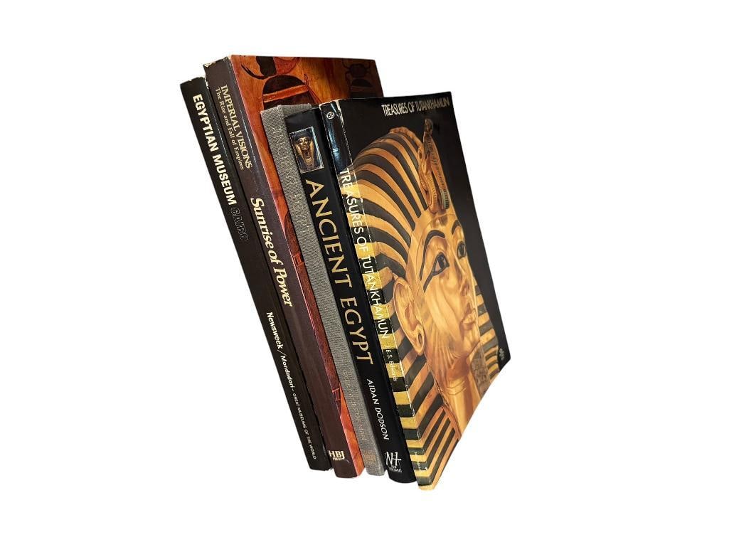 FIVE BOOKS PERTAINING TO ANCIENT EGYPT INCLUDING " TREASURES OF TUTANKAMUN " BY I.E.S. EDWARDS: ALSO INCLUDES "ANCIENT EGYPT" BY AIDAN DODSON, "SUNRISE OF POWER" BY JOYCE MILTON, AND MORE, ONE SOFT COVER AND FOUR HARDBACKS, THREE HAVE DUST JACKETS, FEATURING GREAT PHOTOGRAPHS AND ILLUSTRATIONS