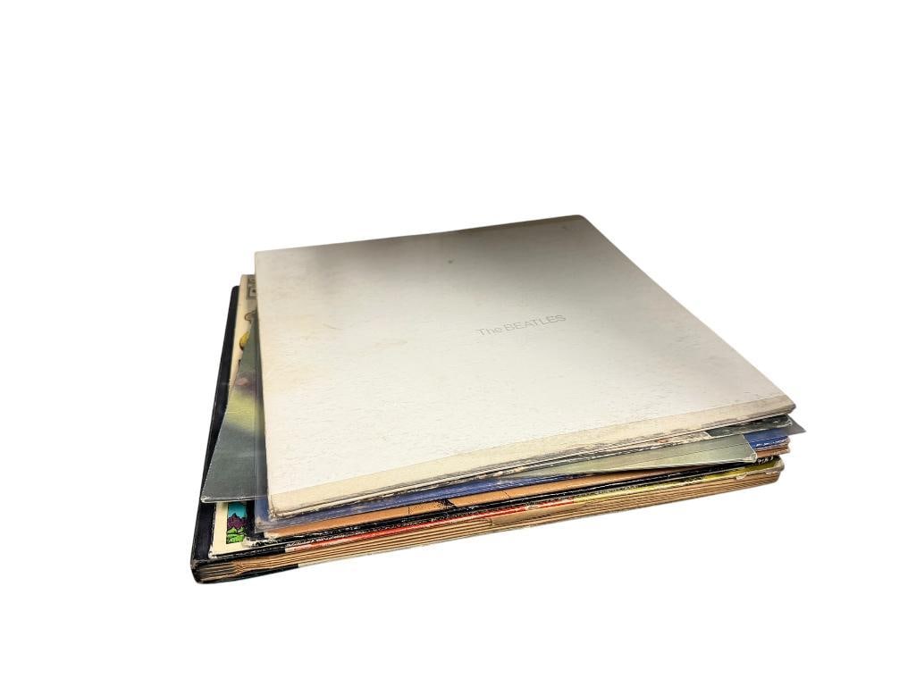 VINTAGE 45 VINYL RECORD ALBUMS INCLUDING THE BEATLES WHITE ALBUM, THE BEATLES AGAIN, AND MORE: WHITE ALBUM RECORD IS MARKED SWB 101-J47 #2, ALSO INCLUDES "THE BEATLES AGAIN," GEORGE HARRISON, RINGO STAR, SLOW TRAIN, "COMING BOB DYLAN," "WE ARE THE IMPERIALS," AND MORE