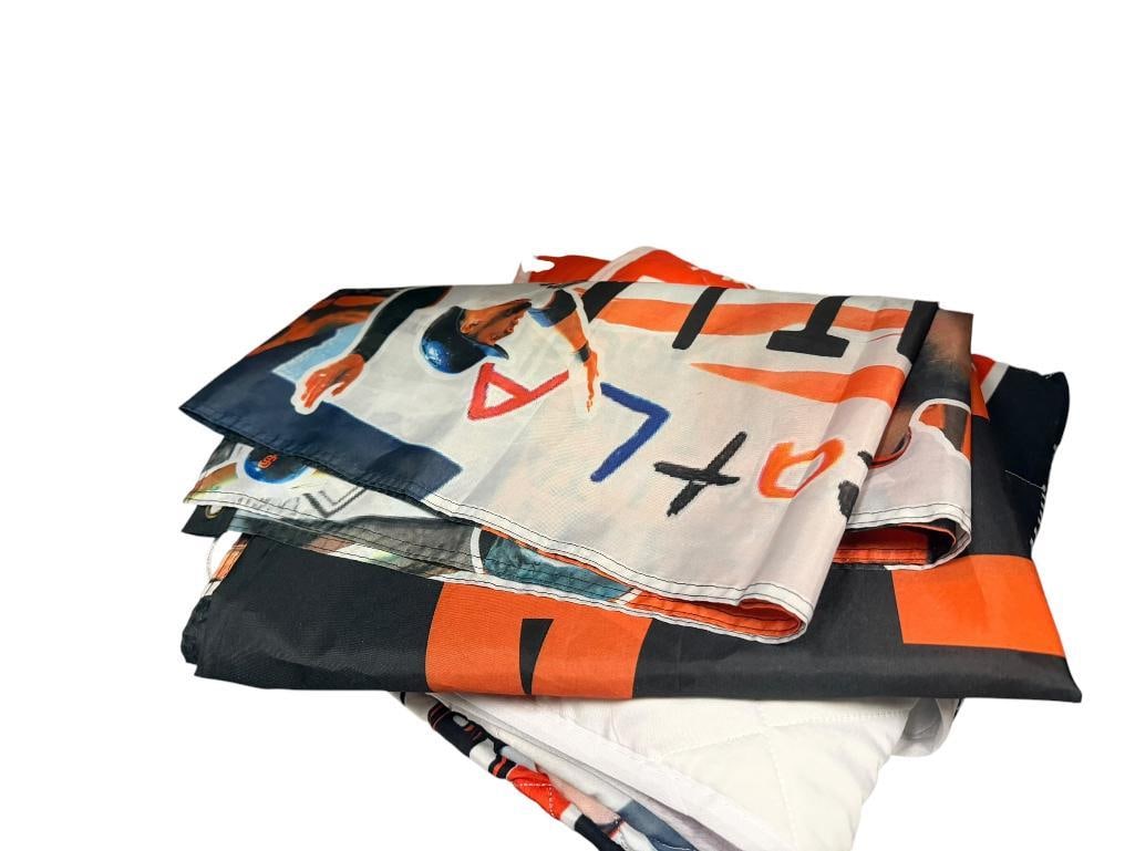 ASSORTED SAN FRANCISO GIANTS MLB BASEBALL MEMORABILIA AND BOOKS: INCLUDES "BEAT LA" BANNER WITH BUSTER POSEY AND MORE, GIANTS LEGENDS BLANKET, "A BAND OF MISFITS" BOOK BY ANDREW BAGGERLY, AND "HOME TEAM" BOOK BY ROBERT F. GARRAT, ALL IN GOOD CONDITION BLANKET 