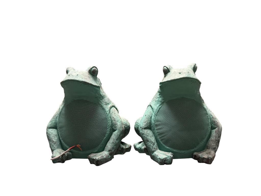 PAIR OF OSD AUDIO FIGURAL FROG OUTDOOR GARDEN / PATIO SPEAKERS: MUST BE HARDWIRED, IN GOOD CONDITION, GREEN PATINA FROG, PERFECT FOR LANDSCAPE AUDIO 11" H
