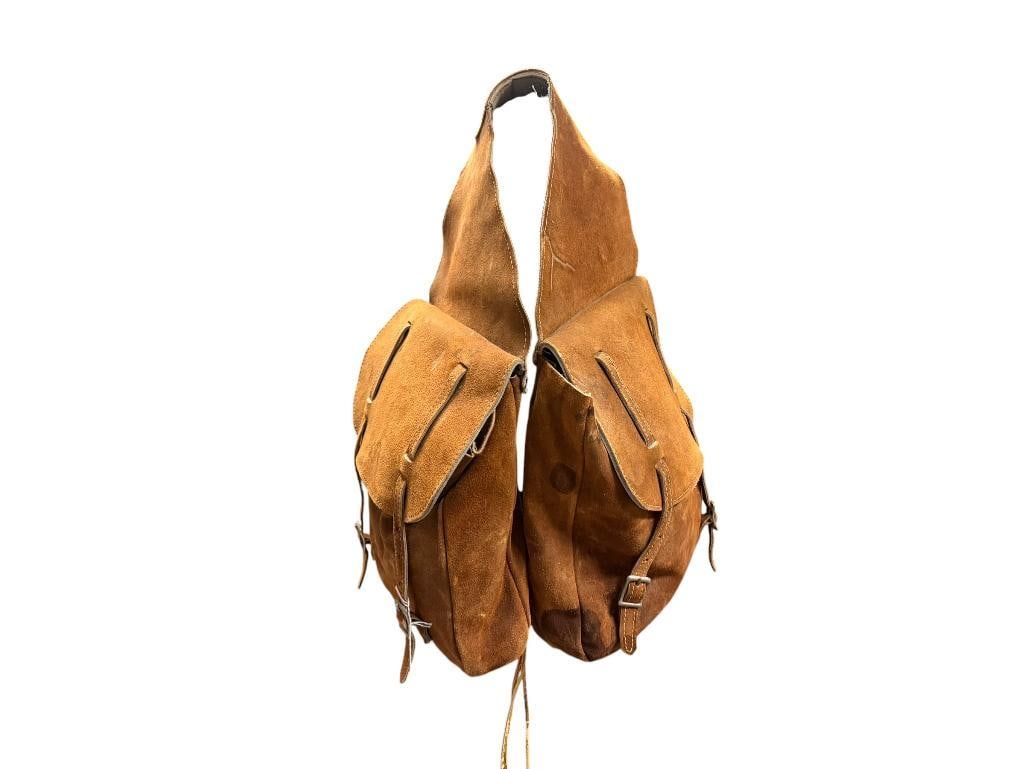 VINTAGE PAIR OF LEATHER ADDLEBAGS: FAIR CONDITION, BROWN LEATHER EACH SIDE IS 22" X 12" WITH 12" X 12" BAGS