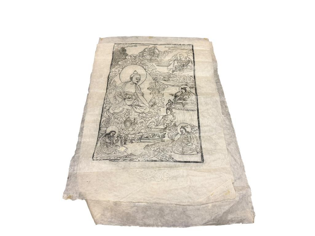 TWO TIBETAN THANGKA BLOCK PRINTS ON RICE PAPER FEATURING A DEITY: SOME CREASES BUT GOOD CONDITION 20" X 30"