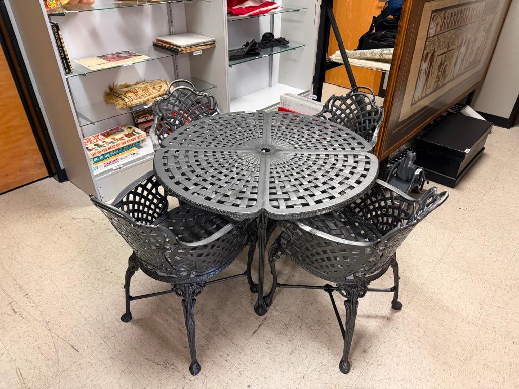 CAST ALUMINUM WOVEN WROUGHT IRON STYLE PATIO TABLE AND FOUR CHAIRS - 2