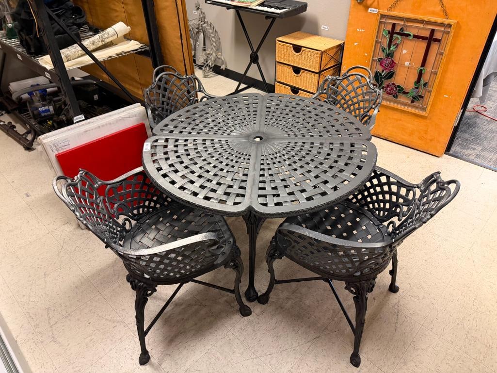 CAST ALUMINUM WOVEN WROUGHT IRON STYLE PATIO TABLE AND FOUR CHAIRS - 3