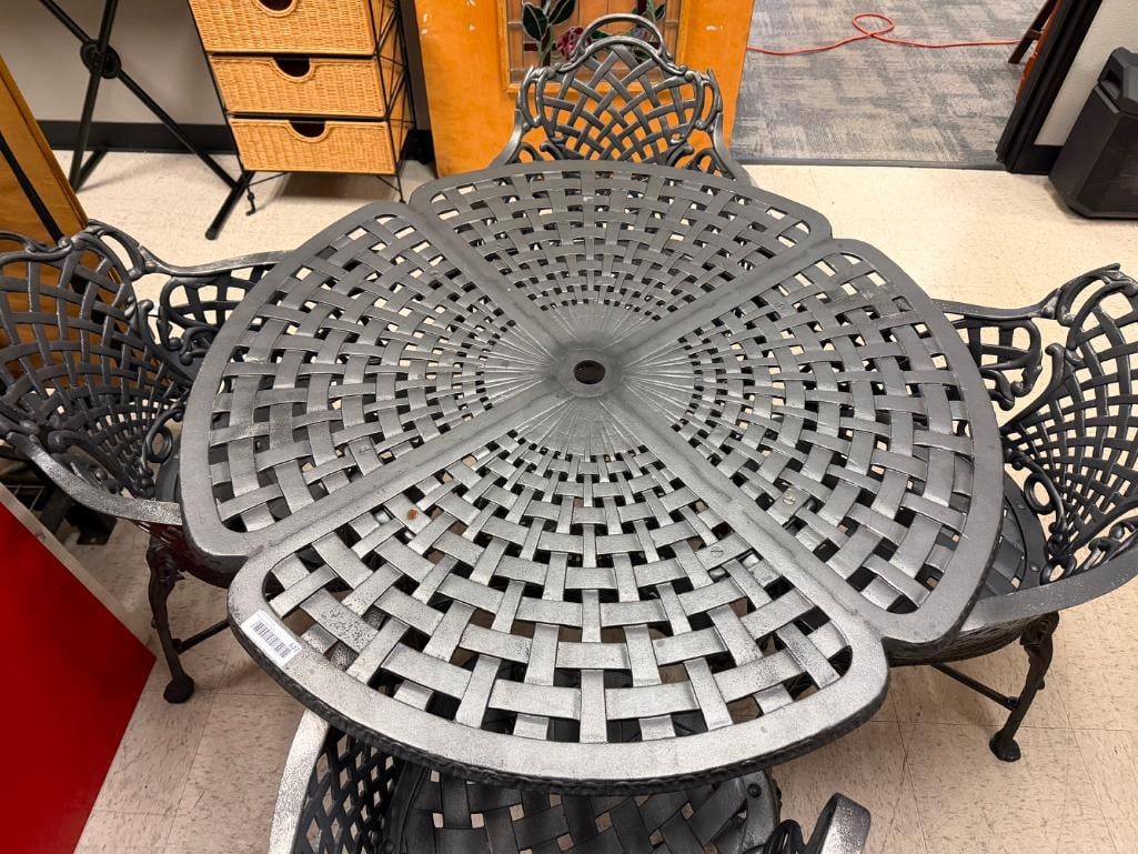 CAST ALUMINUM WOVEN WROUGHT IRON STYLE PATIO TABLE AND FOUR CHAIRS - 4