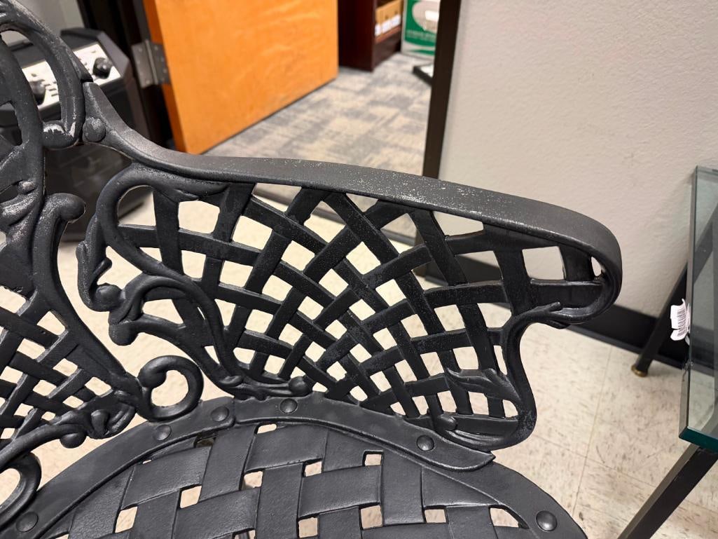 CAST ALUMINUM WOVEN WROUGHT IRON STYLE PATIO TABLE AND FOUR CHAIRS - 7