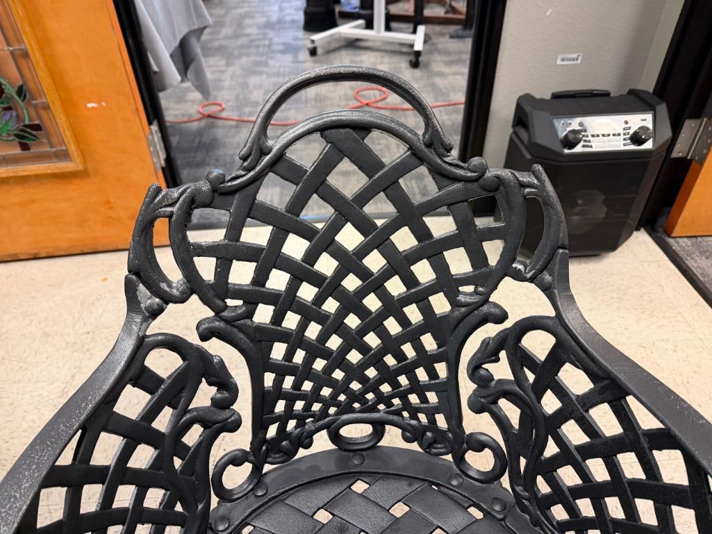 CAST ALUMINUM WOVEN WROUGHT IRON STYLE PATIO TABLE AND FOUR CHAIRS - 8