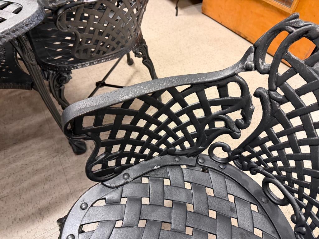 CAST ALUMINUM WOVEN WROUGHT IRON STYLE PATIO TABLE AND FOUR CHAIRS - 9