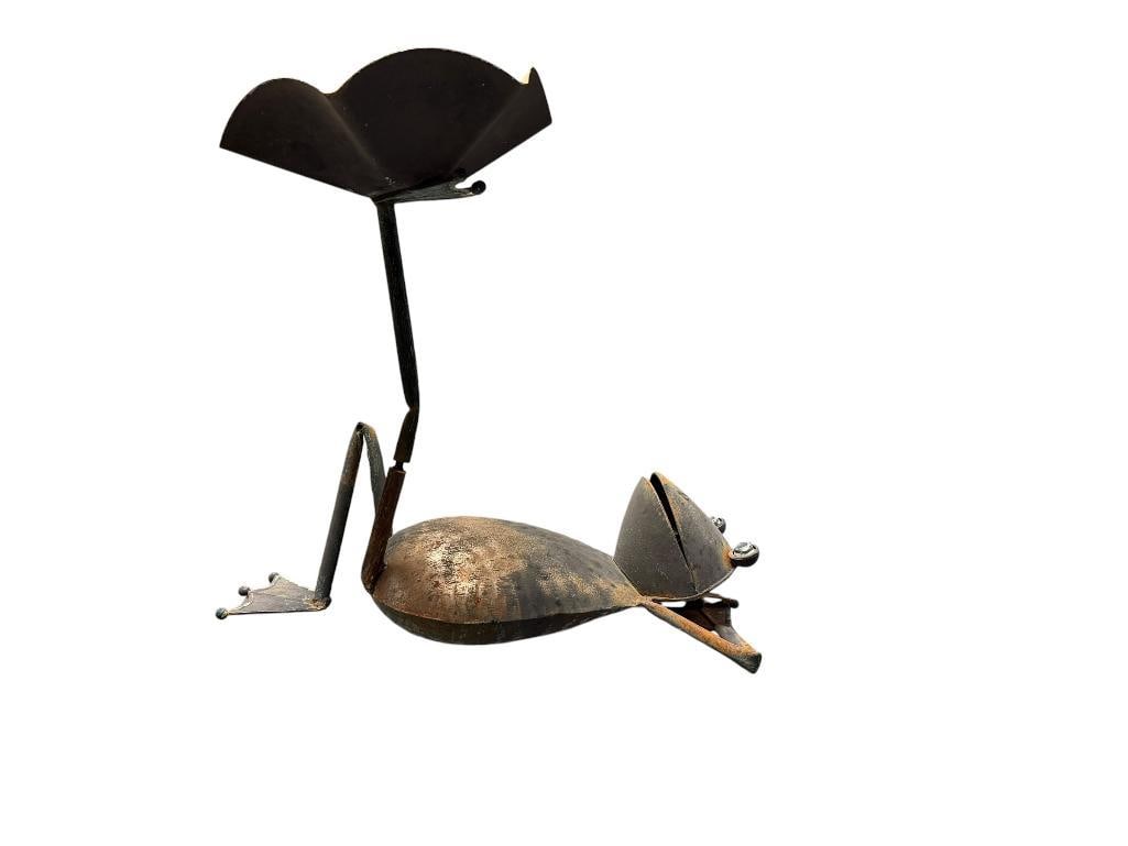 CAST ALUMINUM FIGURAL YARD ART FROG SCULPTURE FEATURING A FROG PLAYING WITH LILLY PAD (1 of 7)