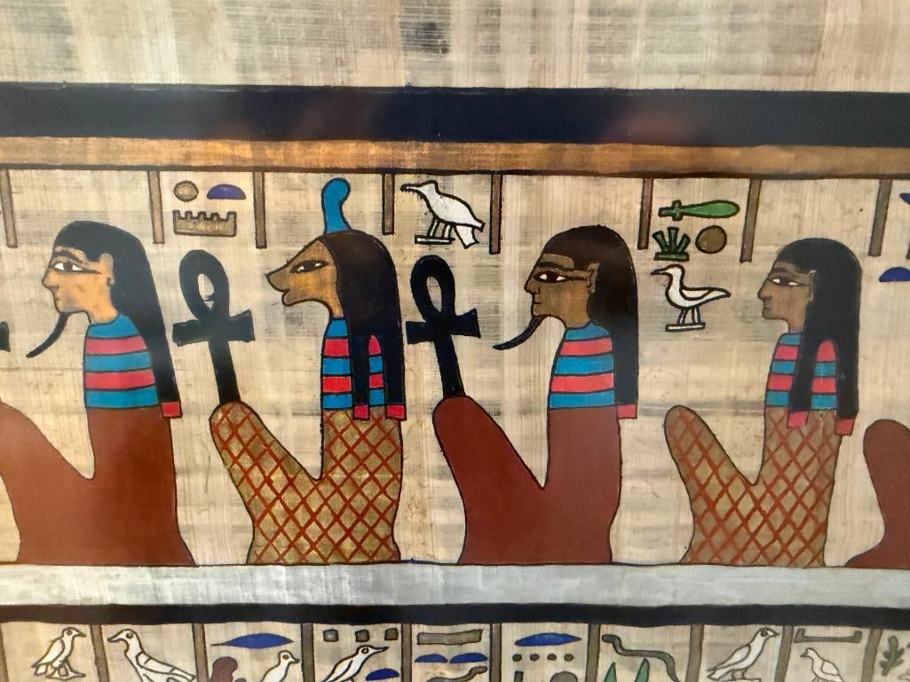 MASSIVE EGYPTIAN HIEROGLYPHIC PAINTING ON PAPYRUS ART BY FAMED SOUVENIR ARTIST SAMIR - 10