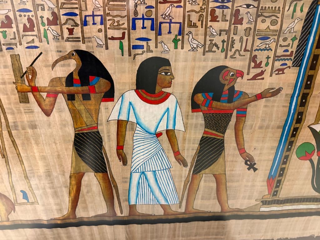 MASSIVE EGYPTIAN HIEROGLYPHIC PAINTING ON PAPYRUS ART BY FAMED SOUVENIR ARTIST SAMIR - 12