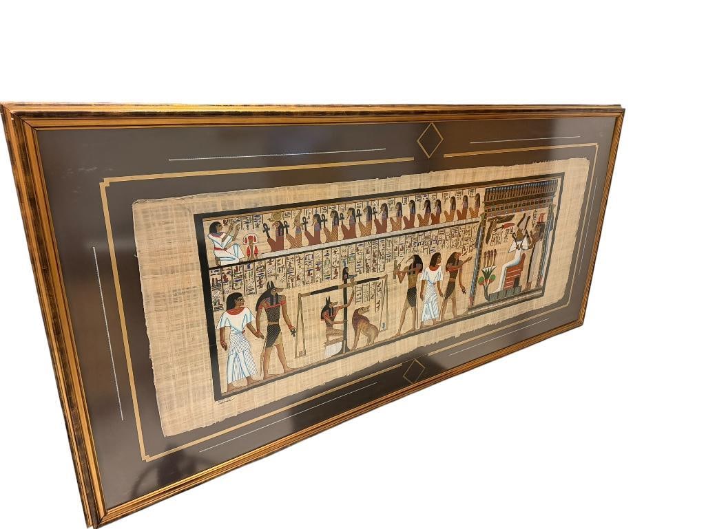 MASSIVE EGYPTIAN HIEROGLYPHIC PAINTING ON PAPYRUS ART BY FAMED SOUVENIR ARTIST SAMIR: FEATURING EXCEPTIONAL COLOR AND DETAIL, SIGNED IN LOWER LEFT CORNER, FRAMED AND DOUBLE MATTED, 88" X 42" FRAME