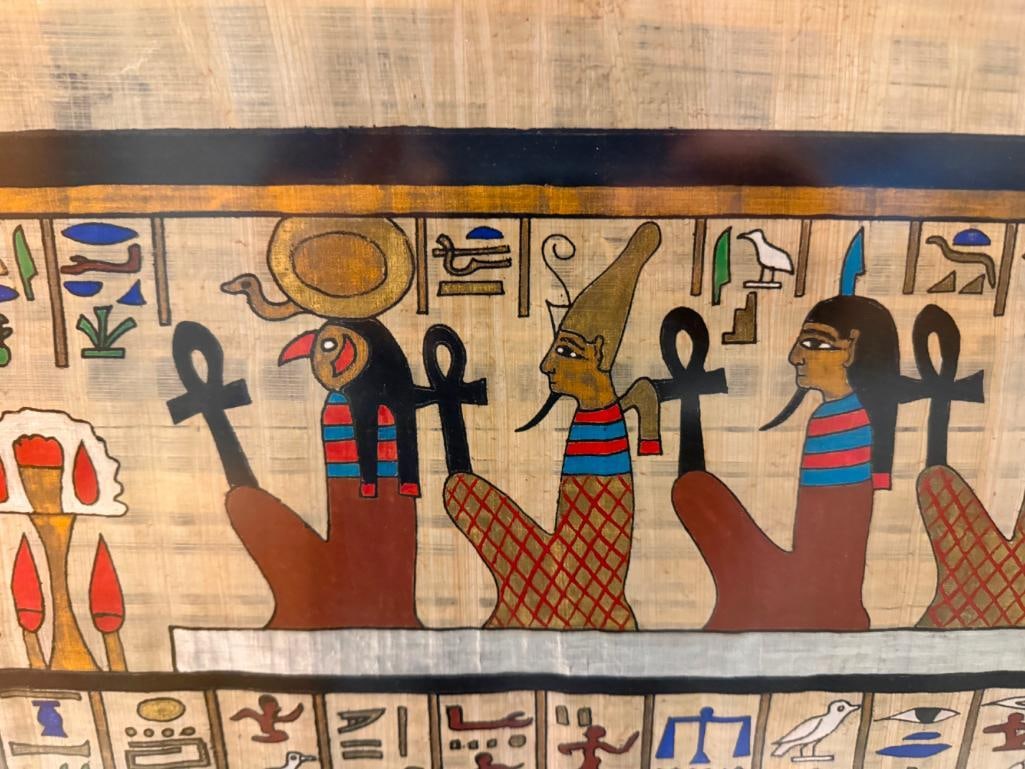 MASSIVE EGYPTIAN HIEROGLYPHIC PAINTING ON PAPYRUS ART BY FAMED SOUVENIR ARTIST SAMIR - 9
