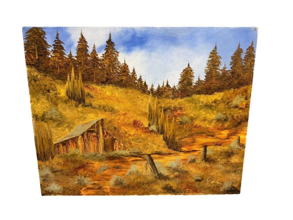 ORIGINAL OIL ON CANVAS PAINTING OF MOUNTAINSIDE BARN FETURING FALL COLORS: SIGNED BY ARTIST N LOWER RIGHT, POSSIBLY CALIFORNIA OR NEVADA ARTIST, APPEARS TO BE SIERRA NEVADAS, UNFRAMED 20" X 16"