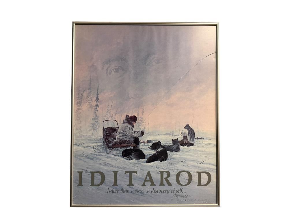 IDITAROD TRAIL SLED DOG RACE 1988 POSTER BY JON VAN ZYLE " MORE THAN A RACE... A DISCOVERY OF SEL...: FRAMED WITH CRACK IN GLASS, SIGNED BY ARTIST IN LOWER RIGHT 16" X 20" FRAME